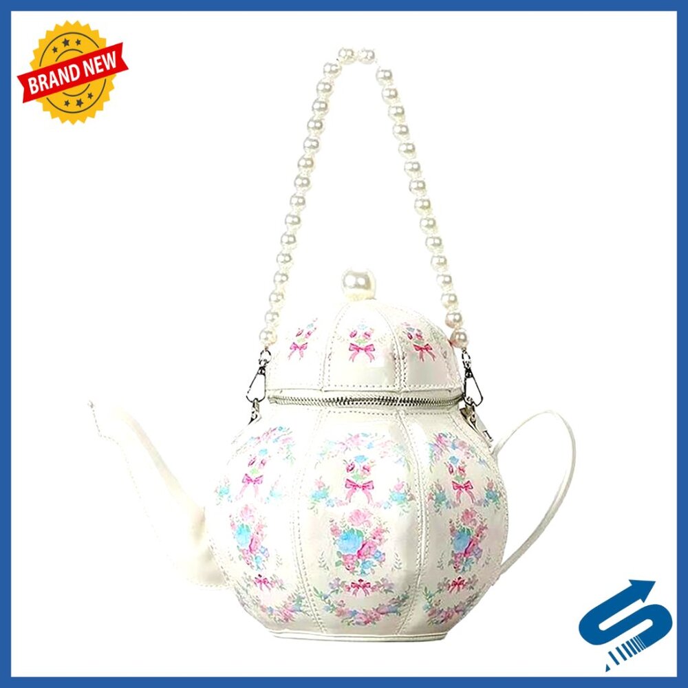 Teapot Shaped Lolita Handbag with Pearl Chain Detachable Strap Elegant